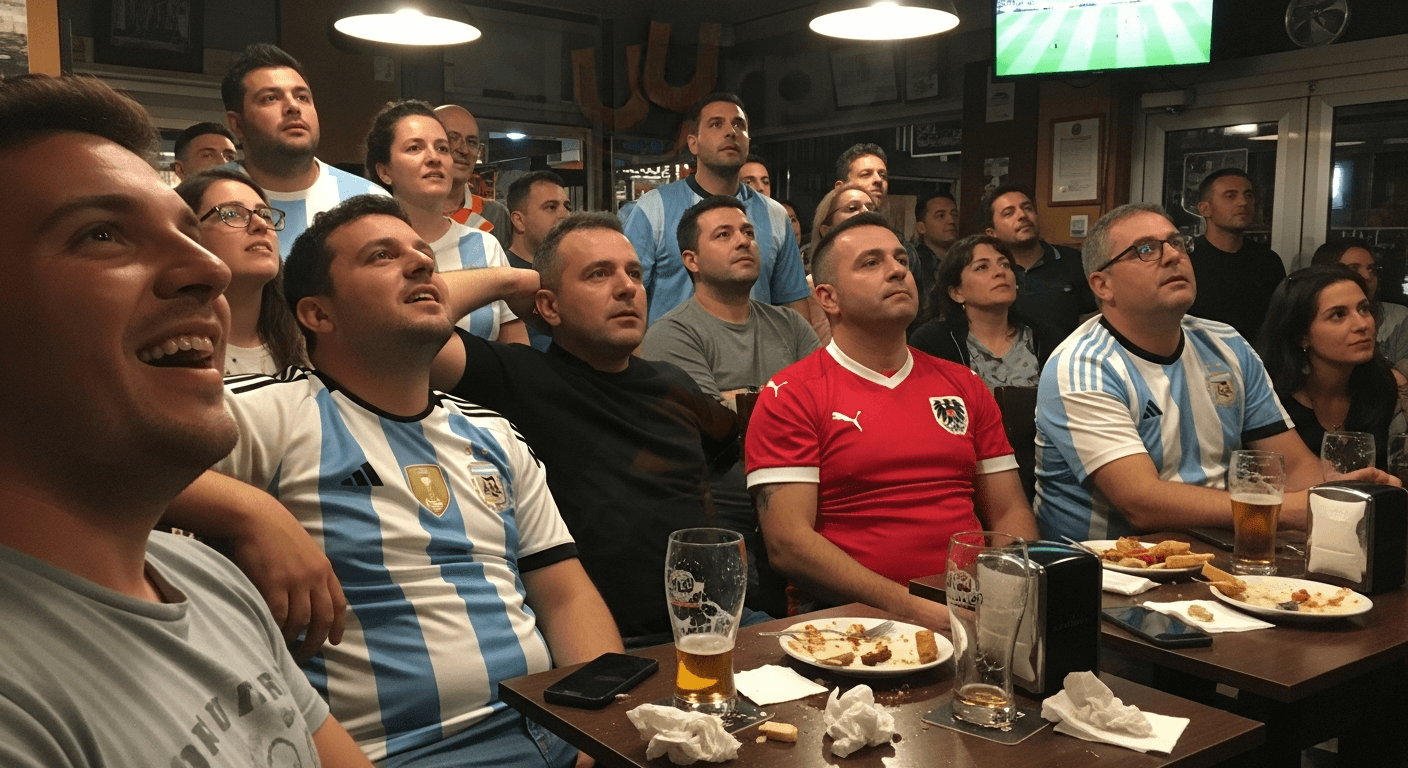 Fans wearing Argentina and Austria jerseys watching the match in a Madrid bar