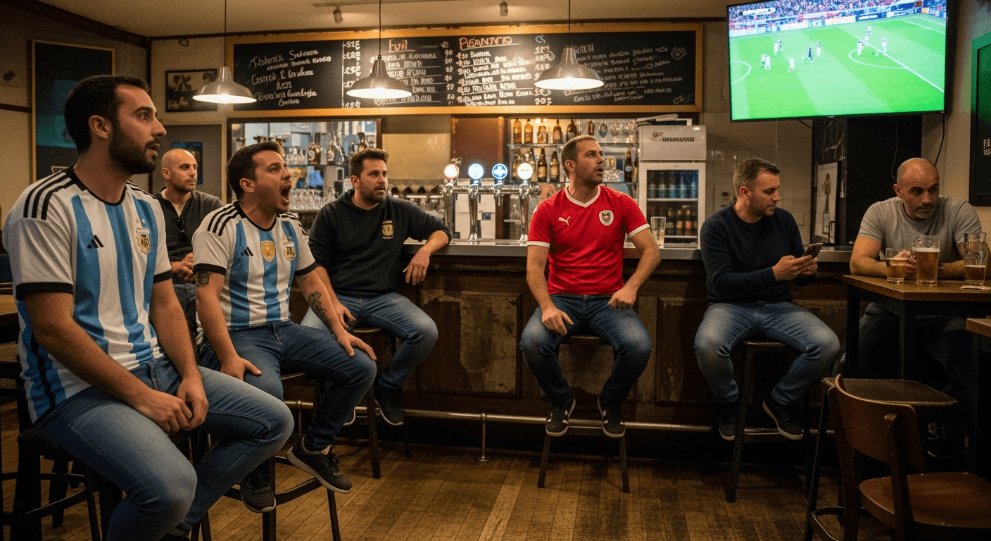 Group toasting with Argentina and Austria jerseys in a Madrid sports bar