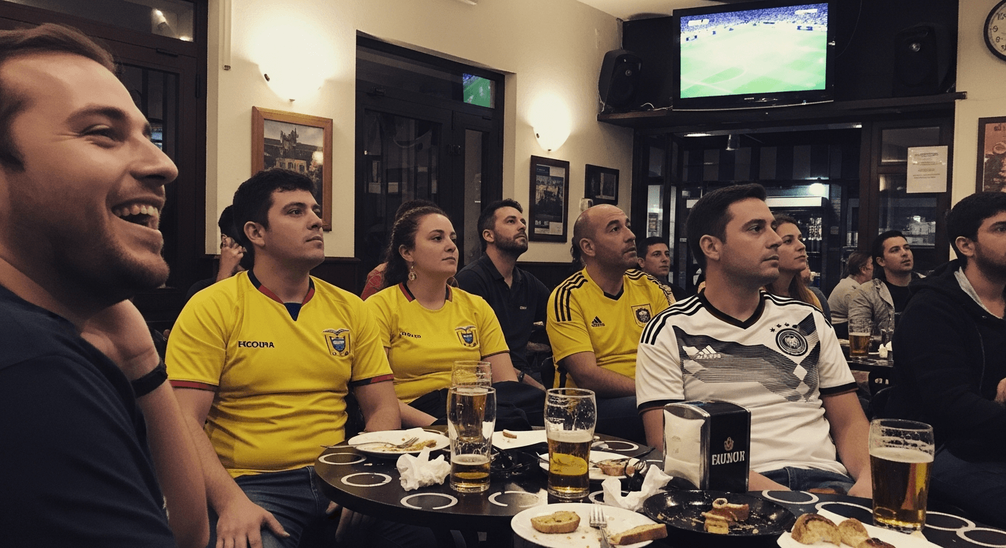 Aficionados con camisetas de Ecuador y Alemania viendo el partido en un bar de A Coruña