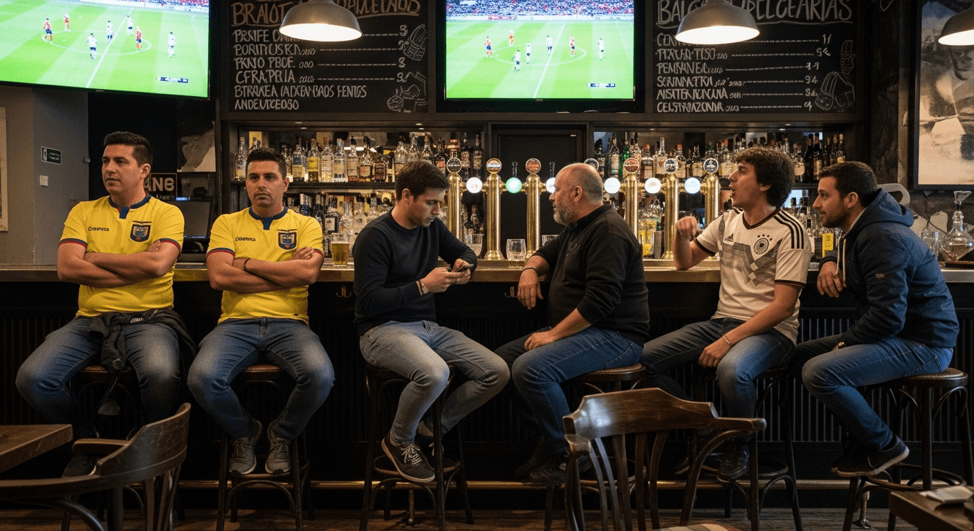 Grupo brindando con camisetas de Ecuador y Alemania en un sports bar de A Coruña