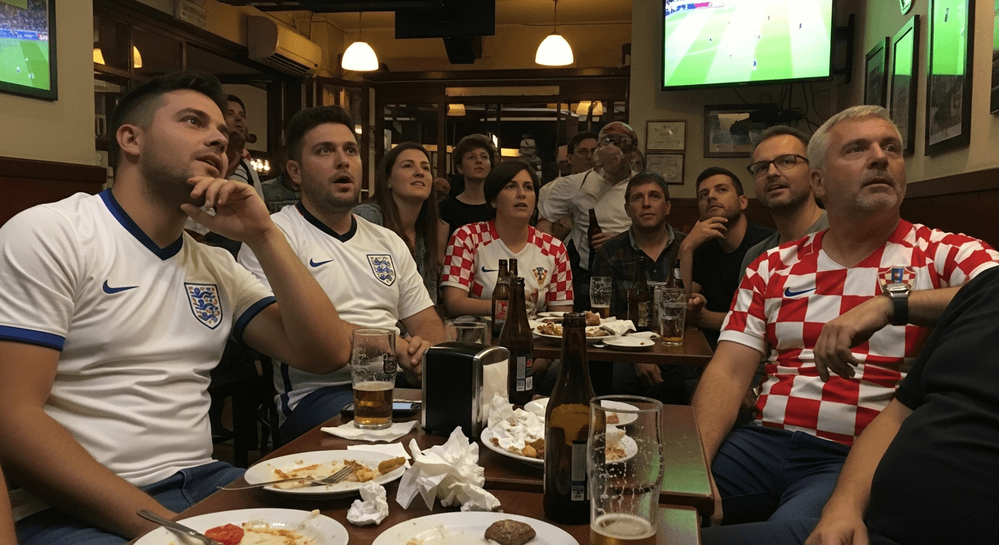 Fans wearing England and Croatia jerseys watching the match in a Barcelona bar