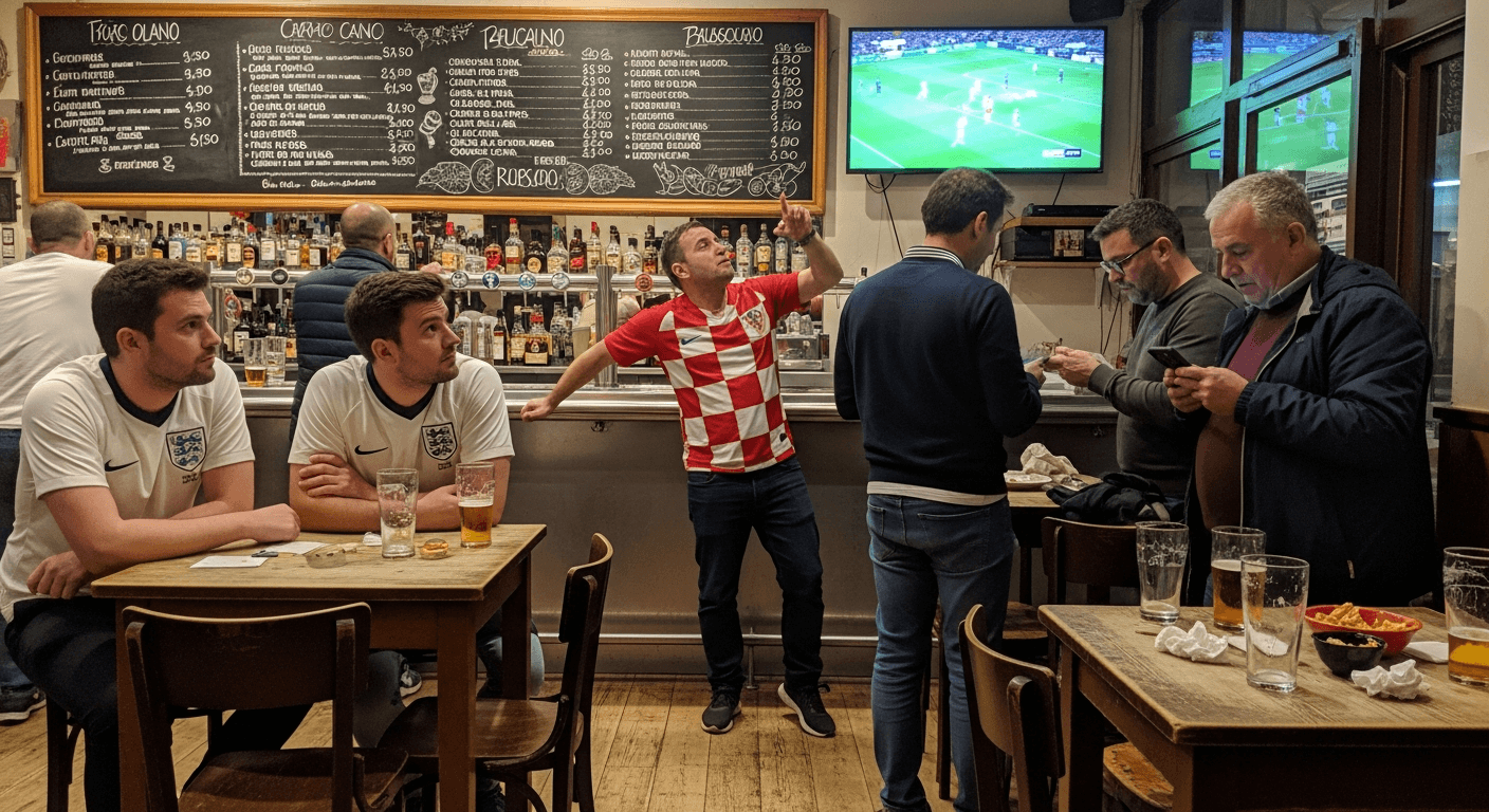 Group toasting with England and Croatia jerseys in a Barcelona sports bar