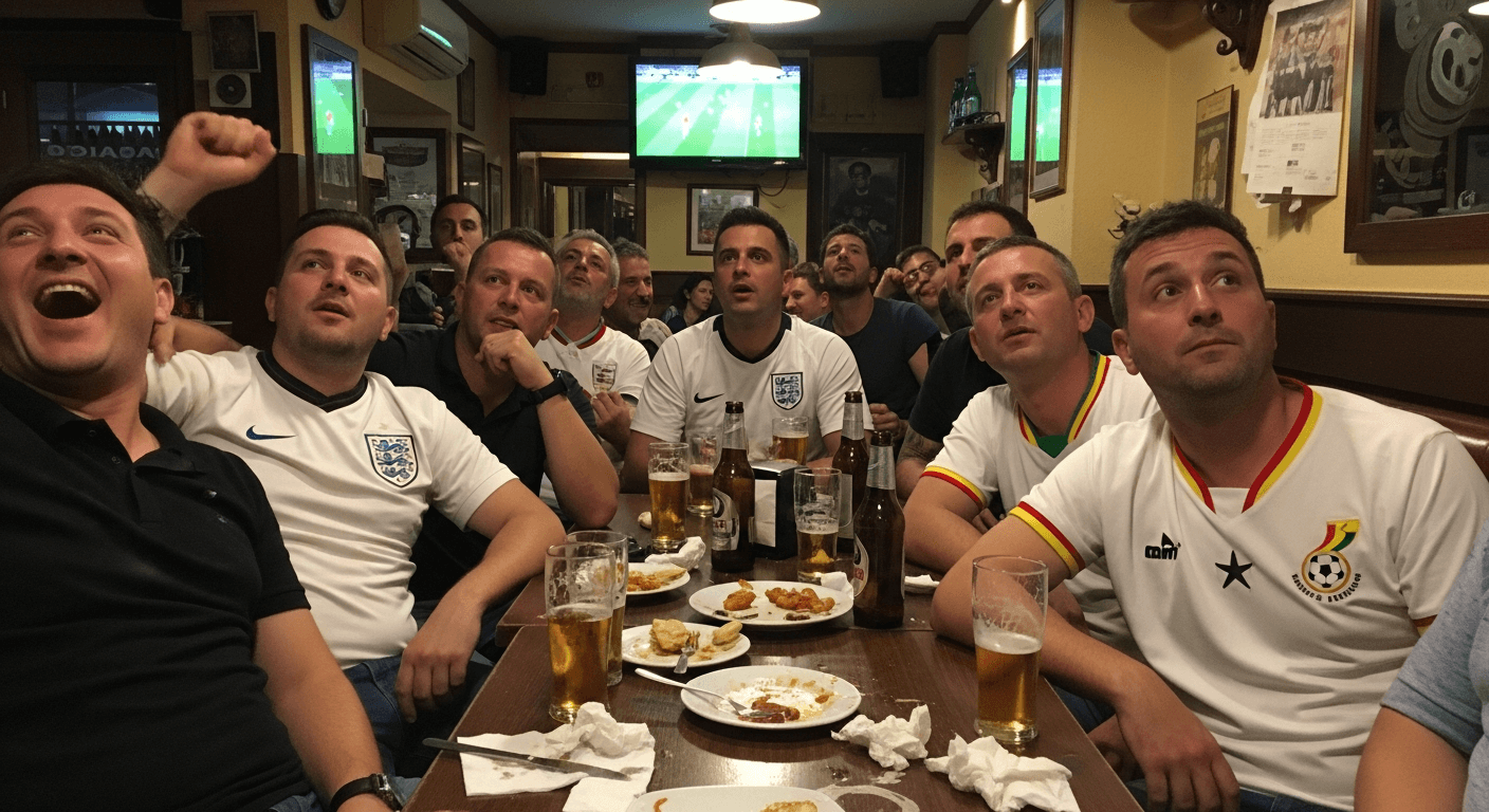 Fans wearing England and Ghana jerseys watching the match in a Barcelona bar