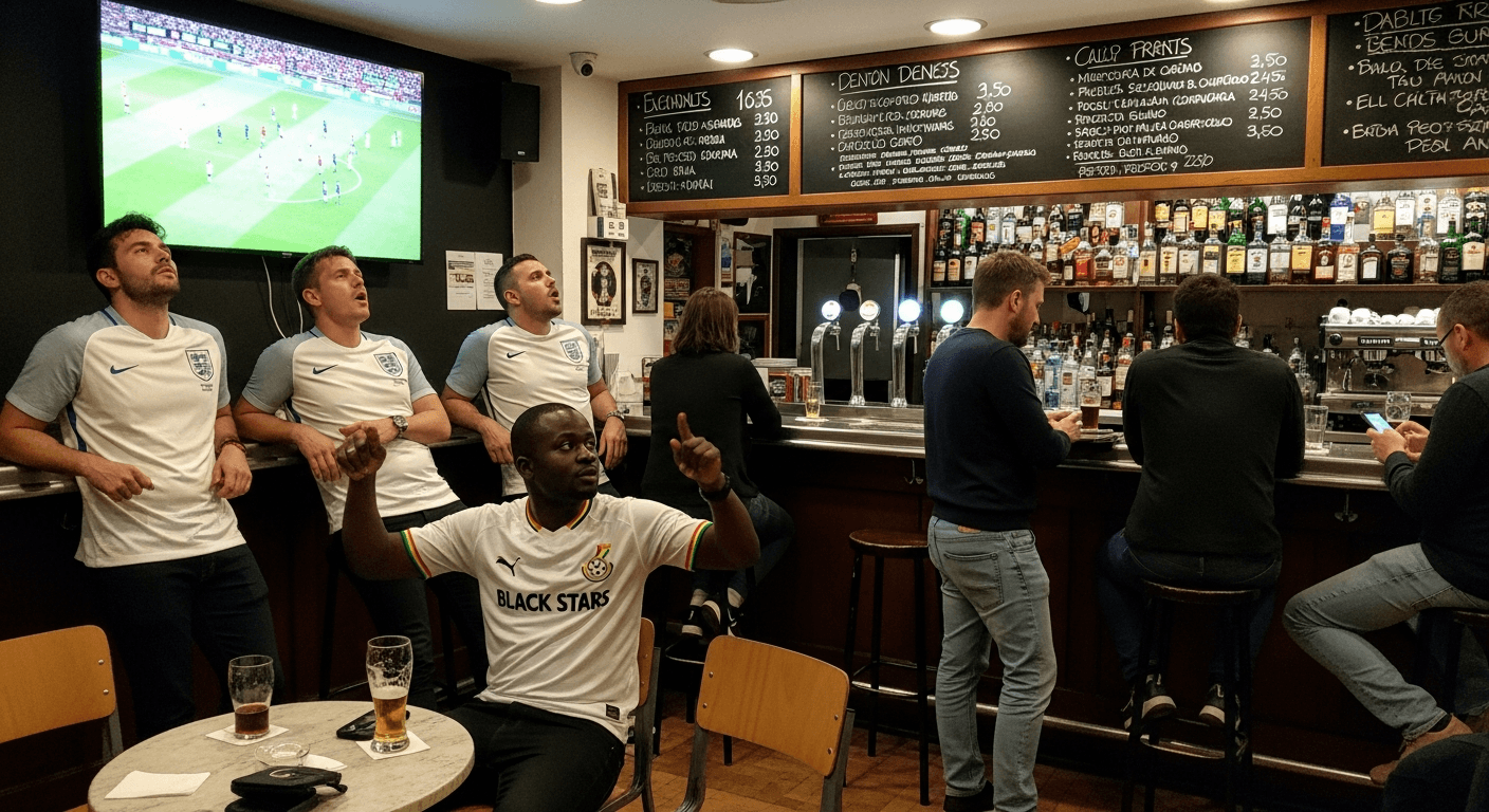 Group toasting with England and Ghana jerseys in a Barcelona sports bar