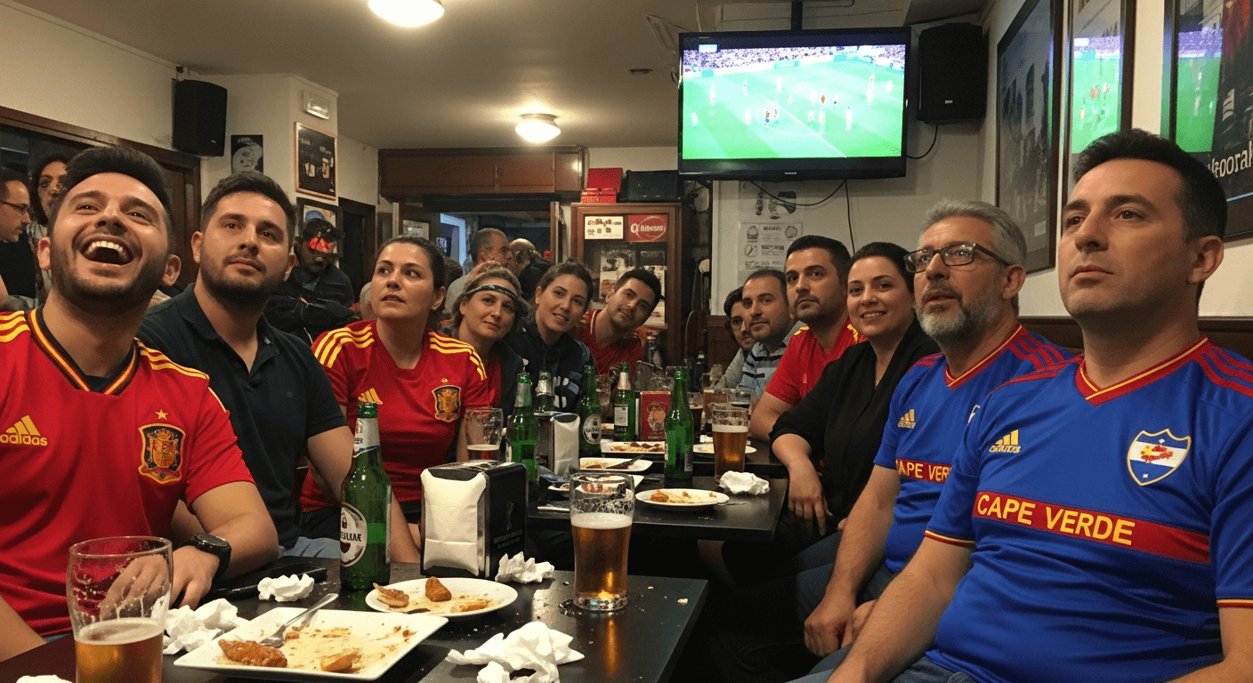 Fans wearing Spain and Cape Verde jerseys watching the match in a Madrid bar