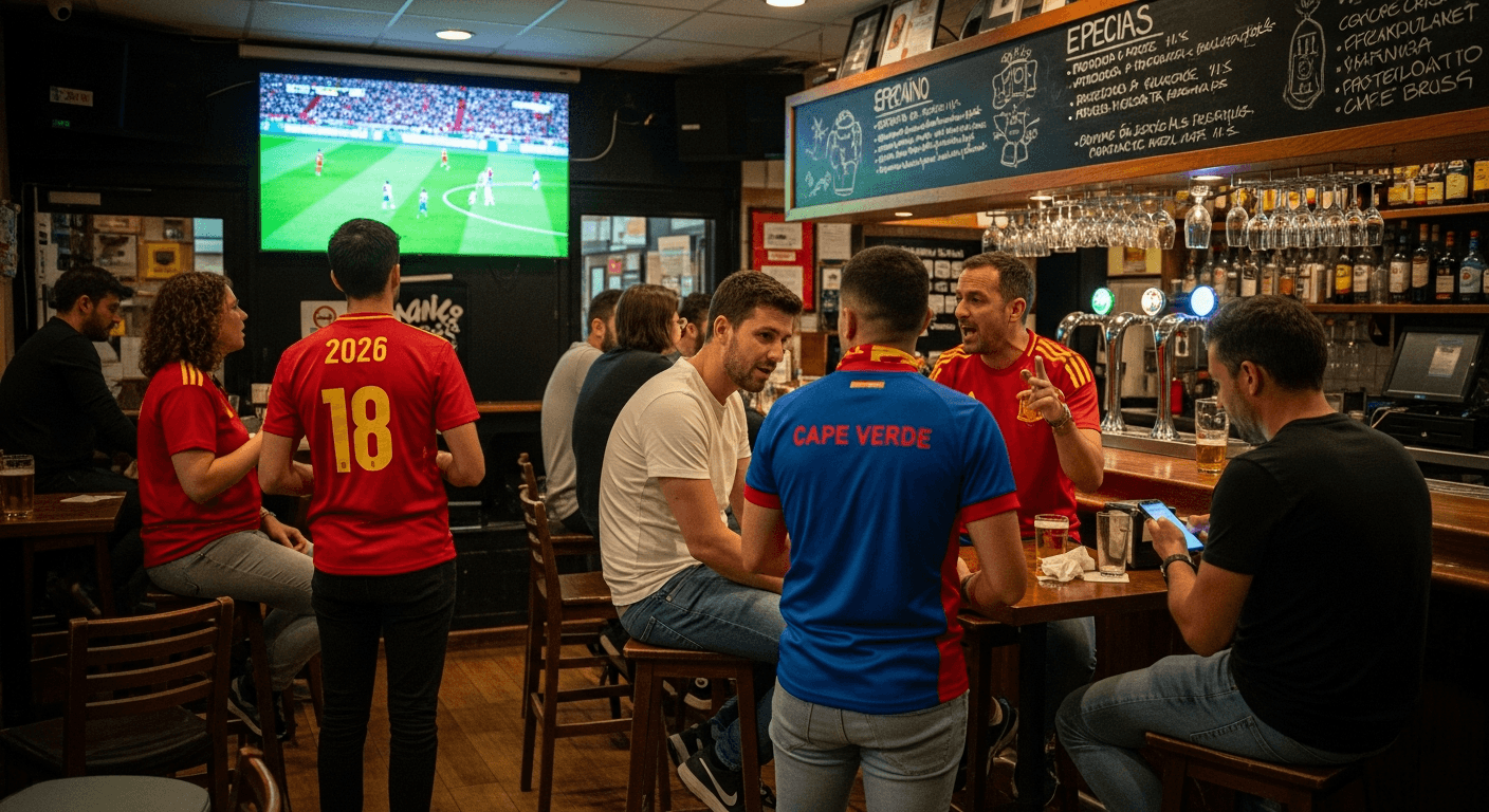 Group toasting with Spain and Cape Verde jerseys in a Madrid sports bar
