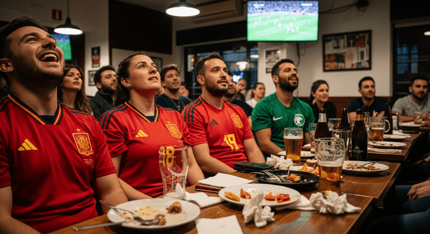 Fans wearing Spain and Saudi Arabia jerseys watching the match in a Barcelona bar