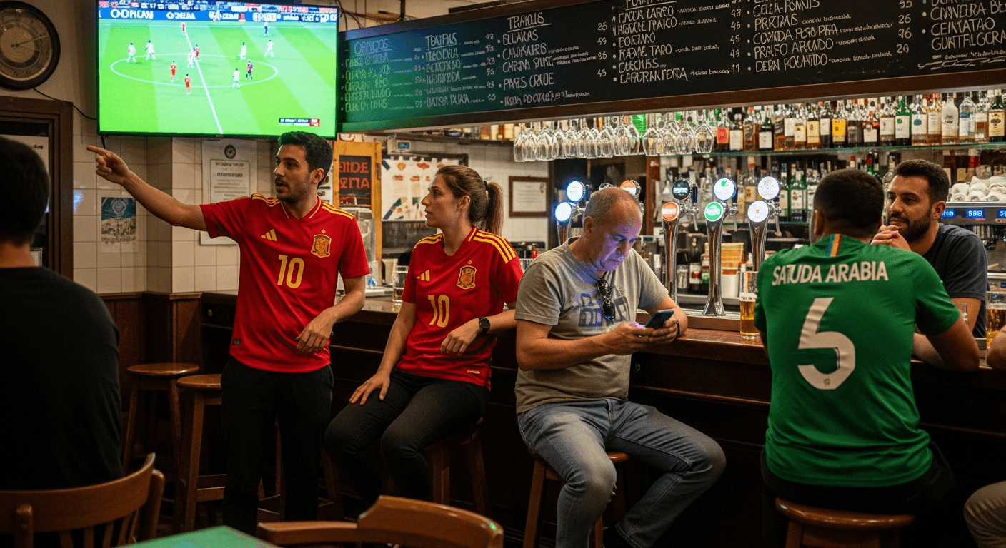 Group toasting with Spain and Saudi Arabia jerseys in a Barcelona sports bar