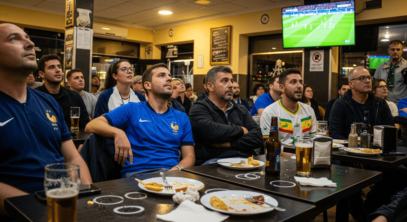 Aficionados con camisetas de Francia y Senegal viendo el partido en un bar de Madrid