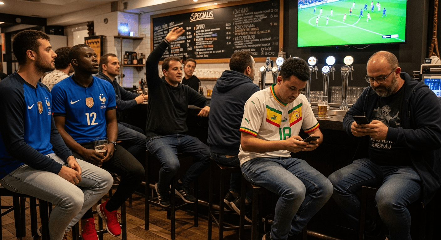 Grupo brindando con camisetas de Francia y Senegal en un sports bar de Madrid