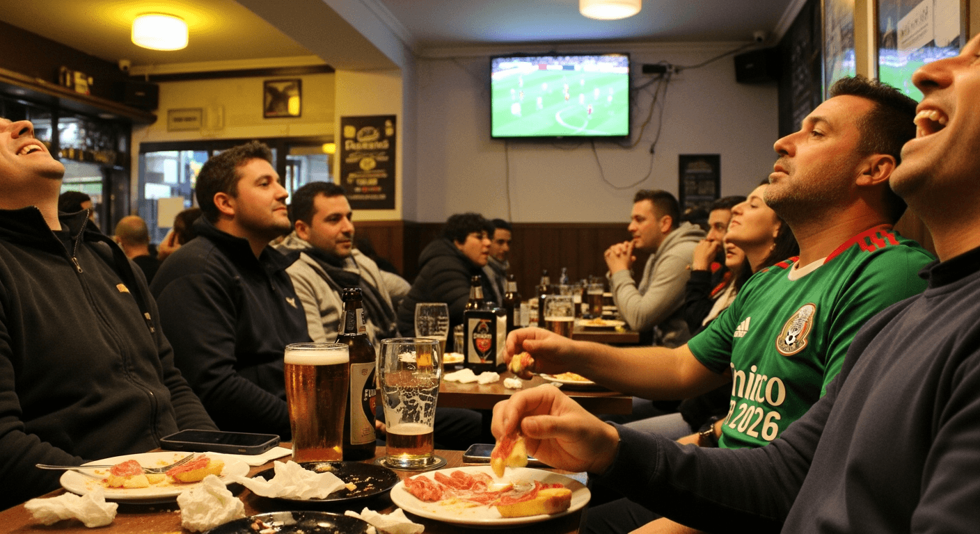 Fans wearing Mexico and South Africa jerseys watching the match in a Madrid bar