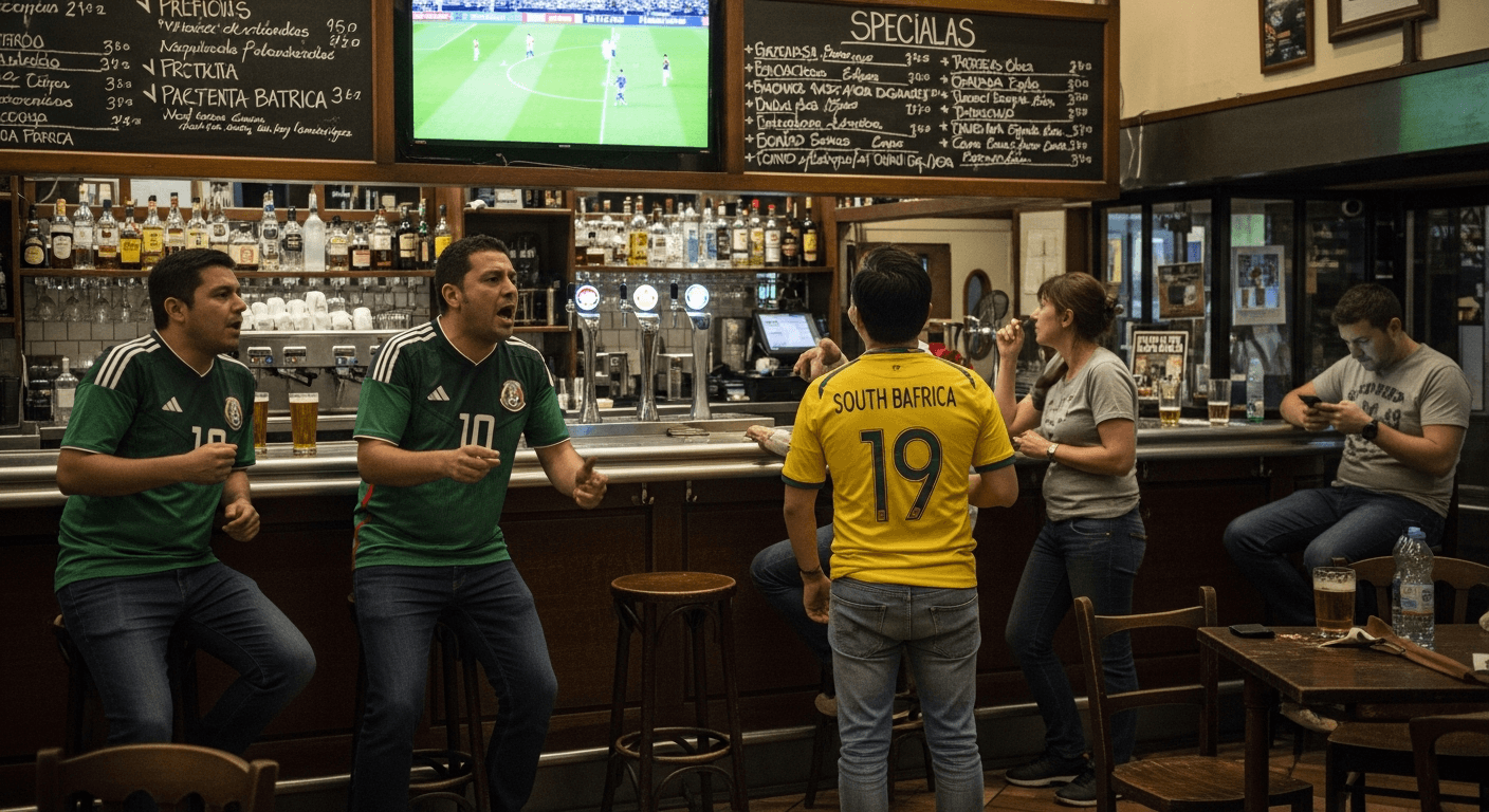 Group toasting with Mexico and South Africa jerseys in a Madrid sports bar