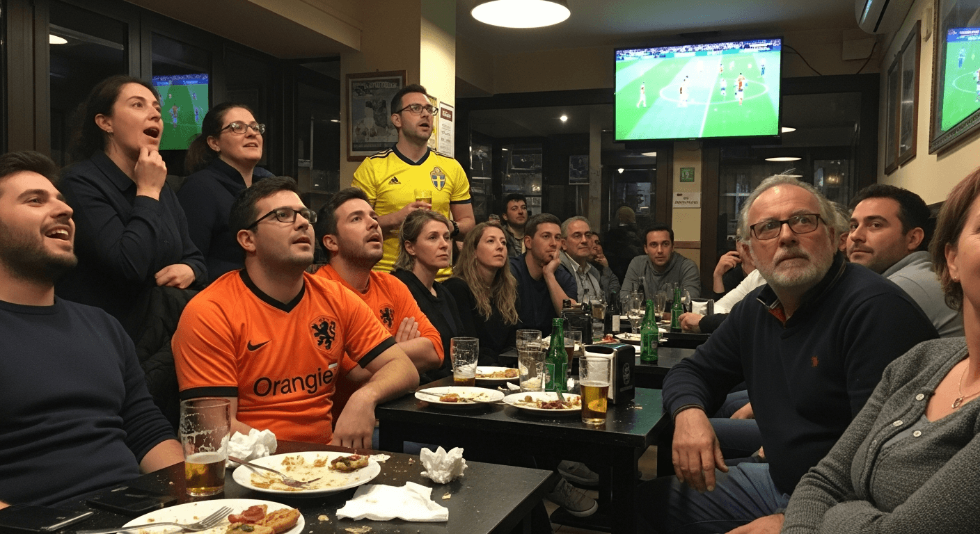 Fans wearing Netherlands and Sweden jerseys watching the match in a Barcelona bar