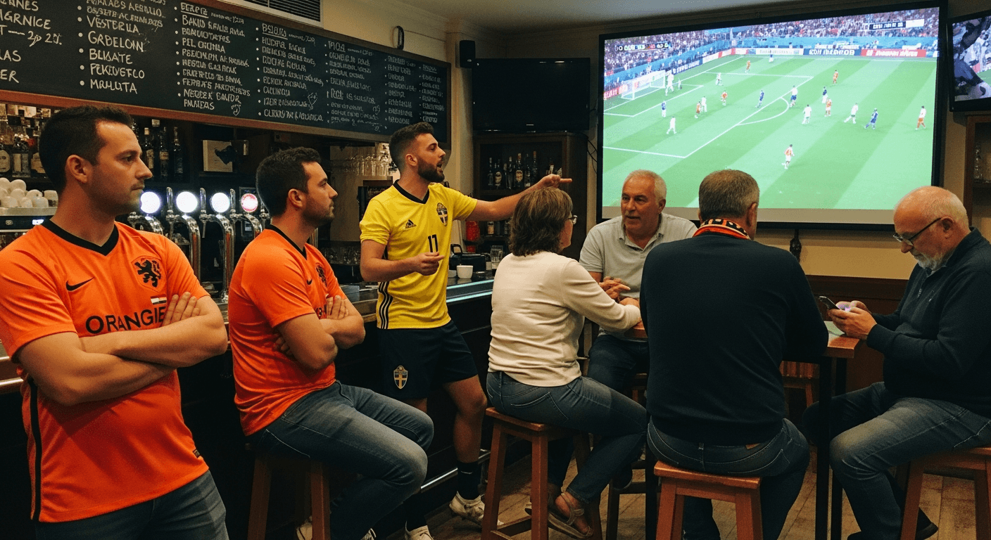 Group toasting with Netherlands and Sweden jerseys in a Barcelona sports bar