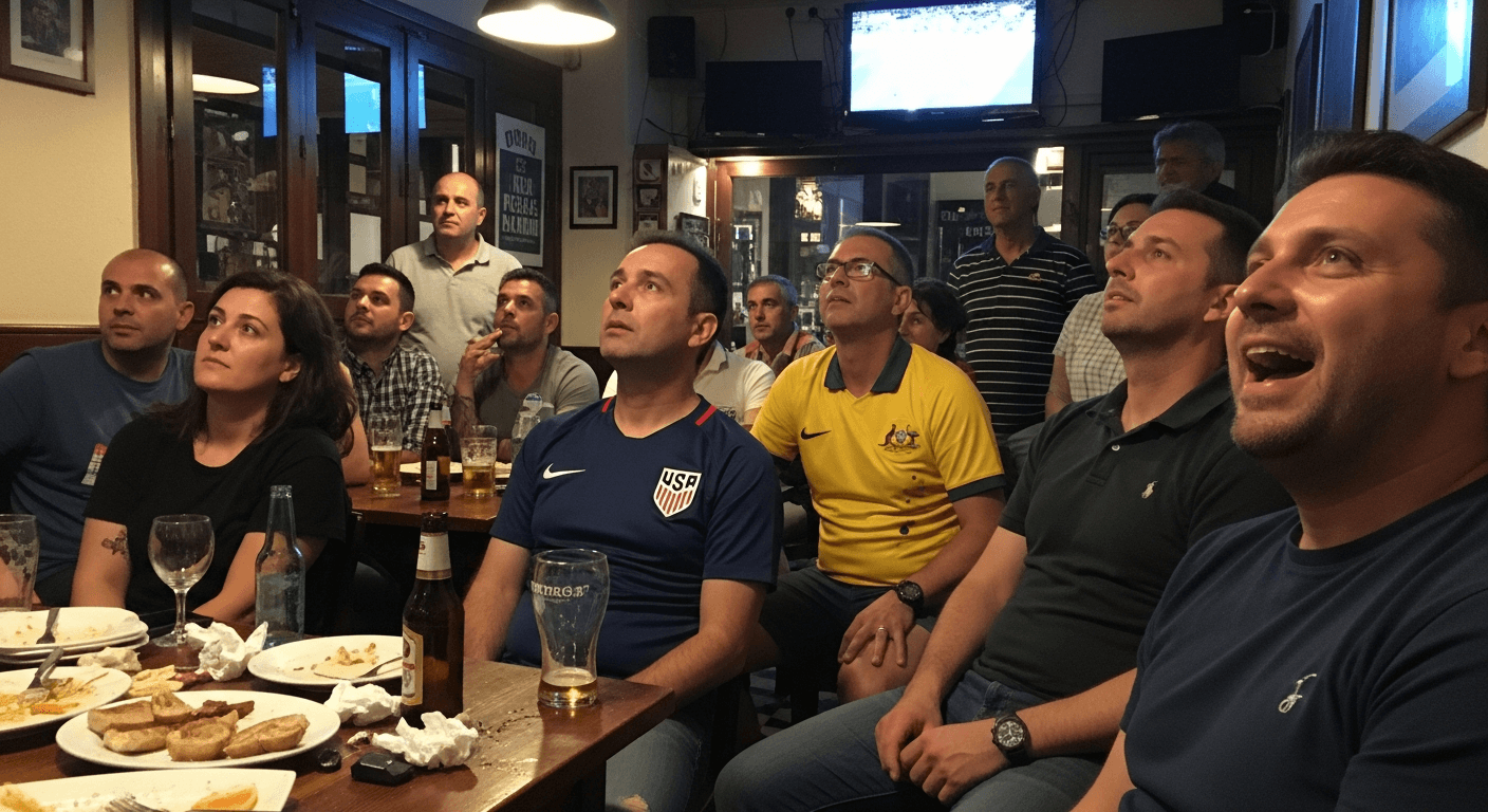 Aficionats amb samarretes de Estats Units i Austràlia veient el partit en un bar de Barcelona