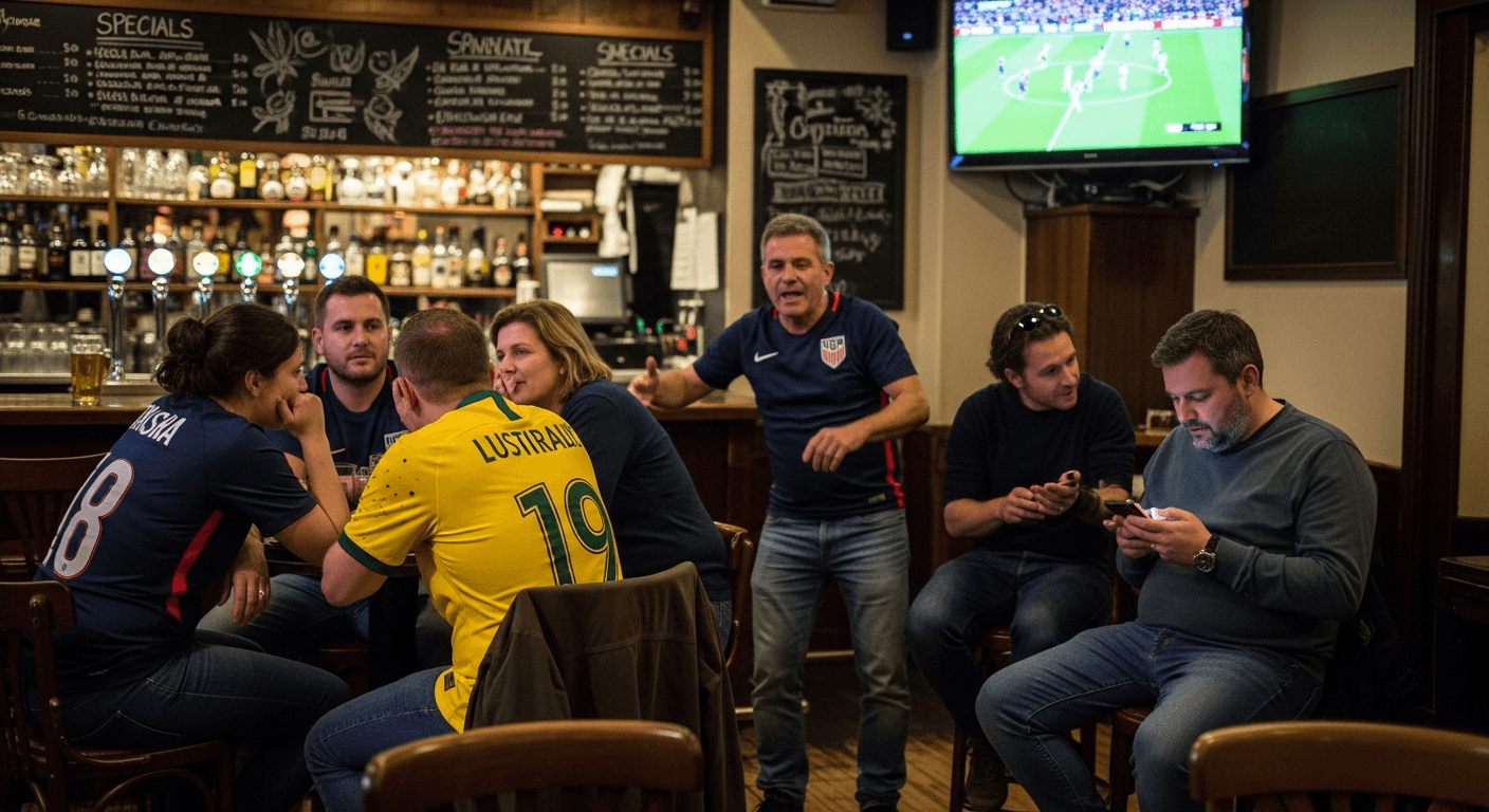 Grup brindant amb samarretes de Estats Units i Austràlia en un sports bar de Barcelona